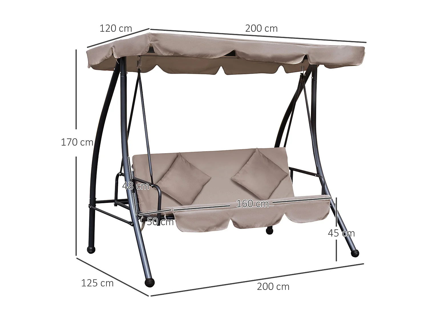 Balancelle de jardin convertible 3 places grand confort inclinaison toit réglable matelas fourni 2L x 1,25l x 1,7H m métal polyester noir et beige