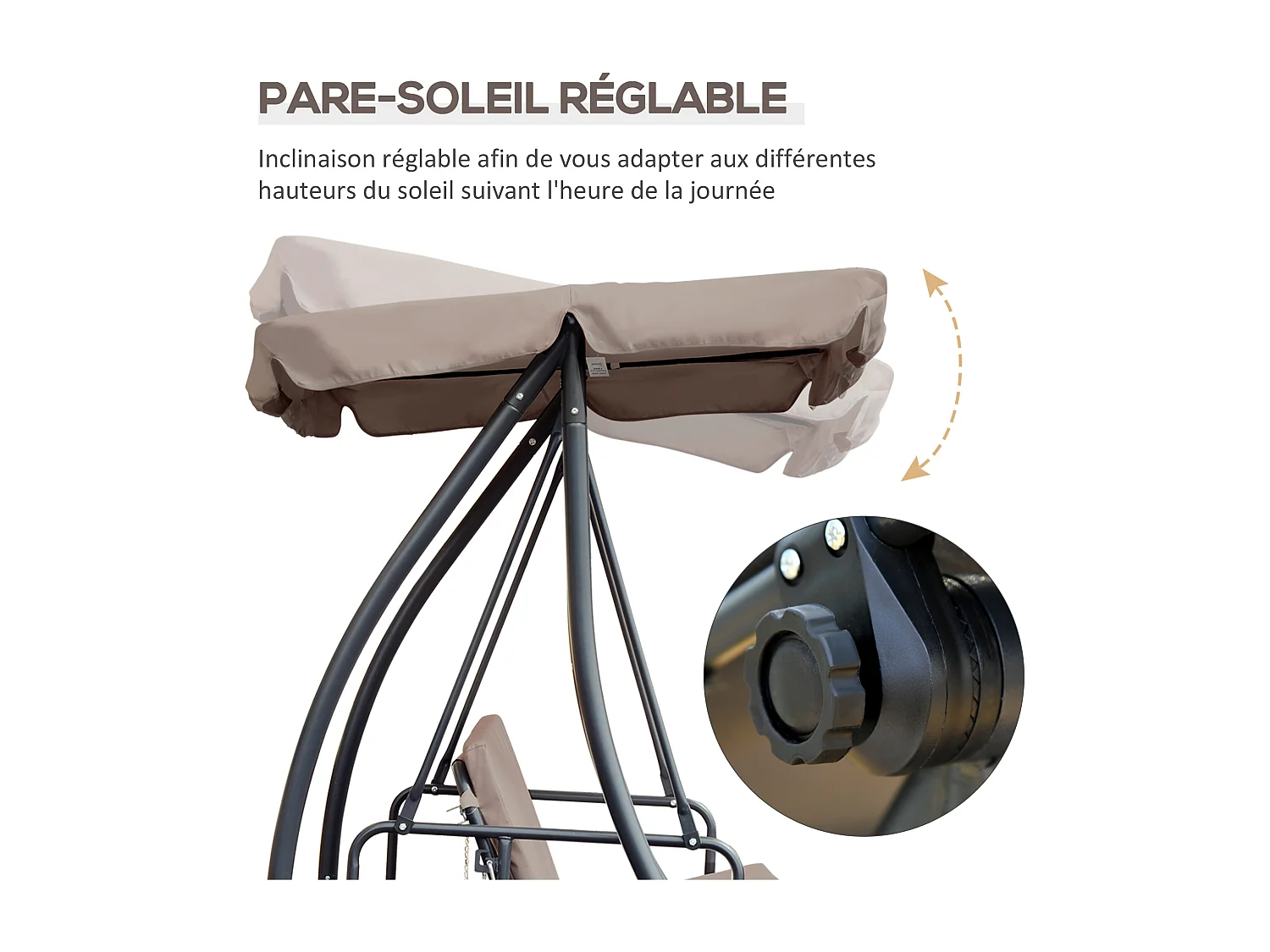 Balancelle de jardin convertible 3 places grand confort inclinaison toit réglable matelas fourni 2L x 1,25l x 1,7H m métal polyester noir et beige