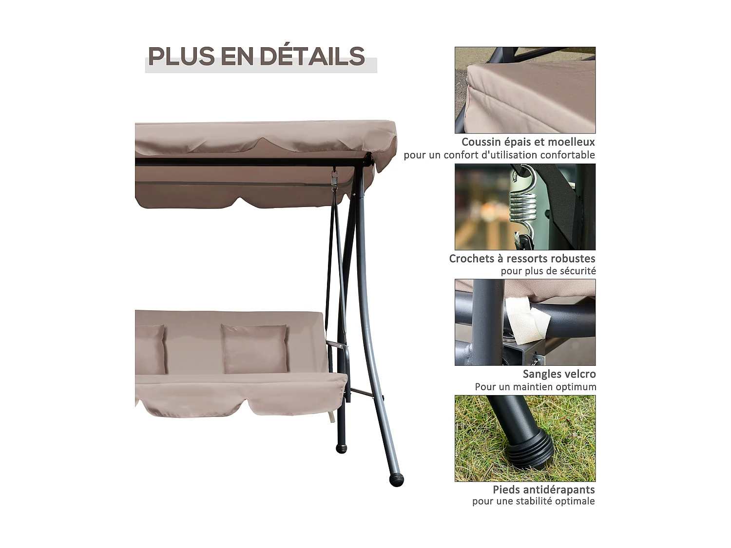 Balancelle de jardin convertible 3 places grand confort inclinaison toit réglable matelas fourni 2L x 1,25l x 1,7H m métal polyester noir et beige