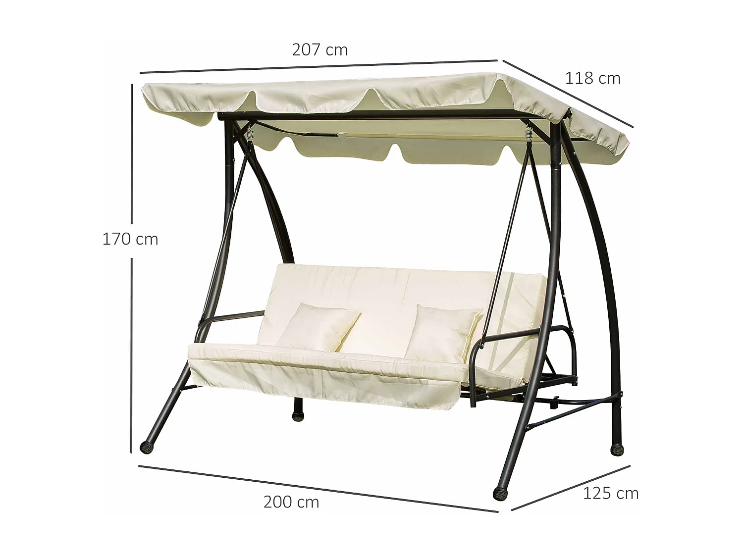 Balancelle de jardin convertible 3 places grand confort inclinaison toit réglable matelas et coussins fournis 2L x 1,25l x 1,7H m métal polyester noir et crème