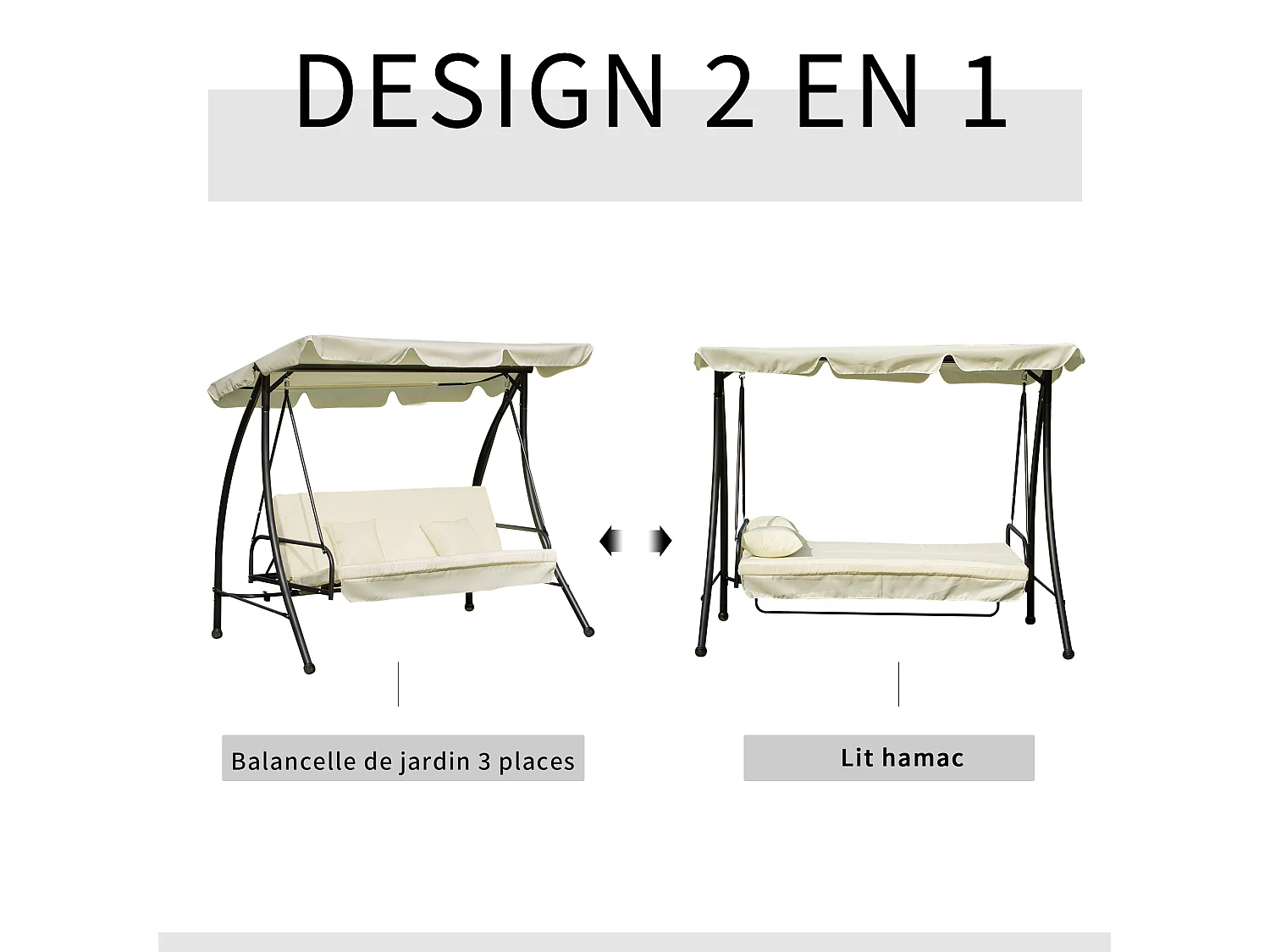 Balancelle de jardin convertible 3 places grand confort inclinaison toit réglable matelas et coussins fournis 2L x 1,25l x 1,7H m métal polyester noir et crème