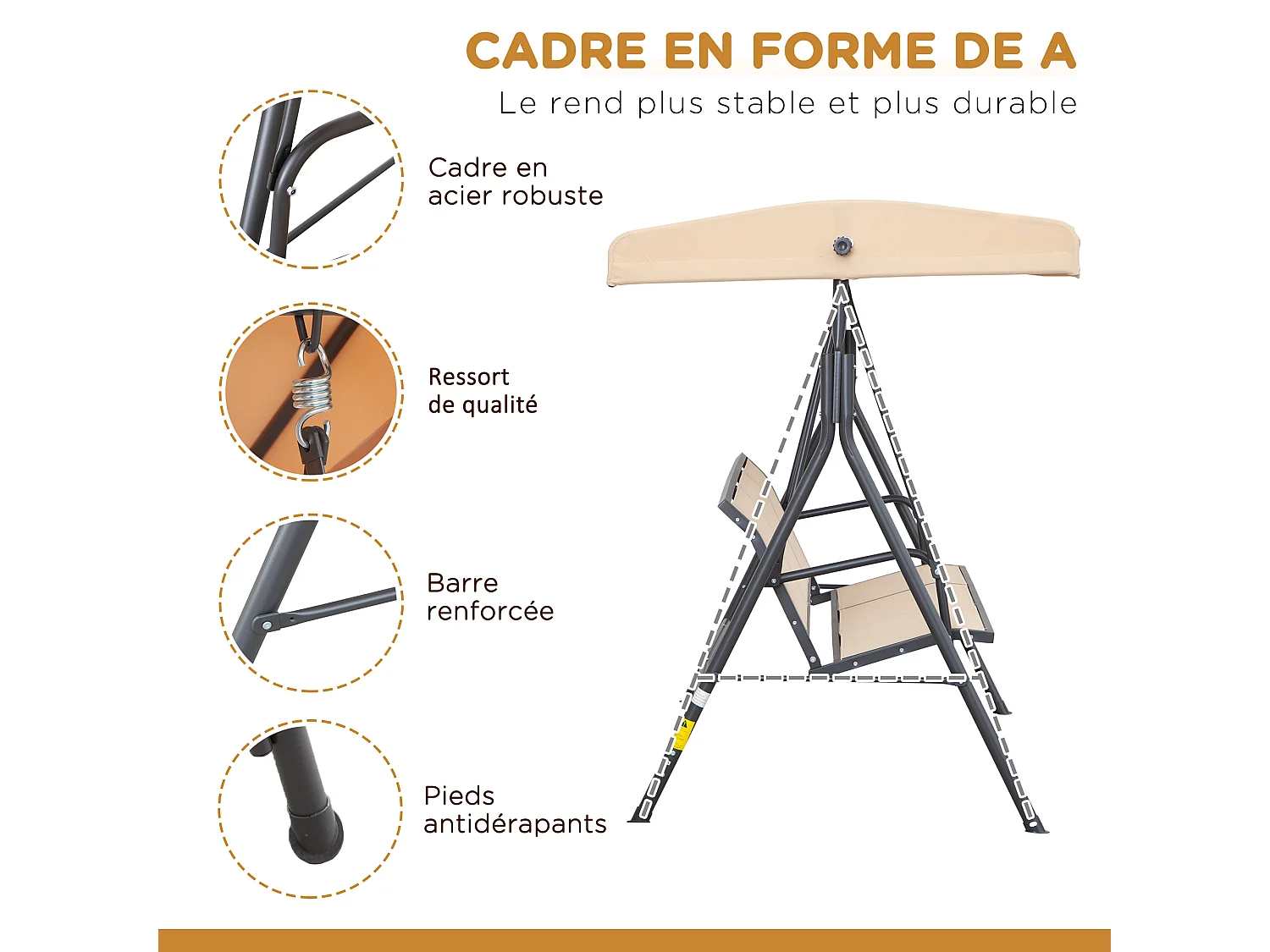 Balancelle de jardin 3 places grand confort toit inclinaison réglable assise et dossier ergonomique acier époxy textilène beige