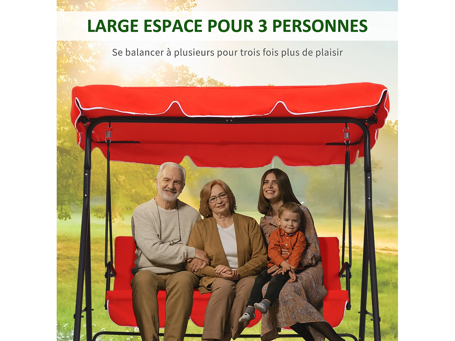 Balancelle de jardin 3 places toit inclinaison réglable coussins assise et dossier 1,72L x 1,1l x 1,52H m acier noir polyester rouge