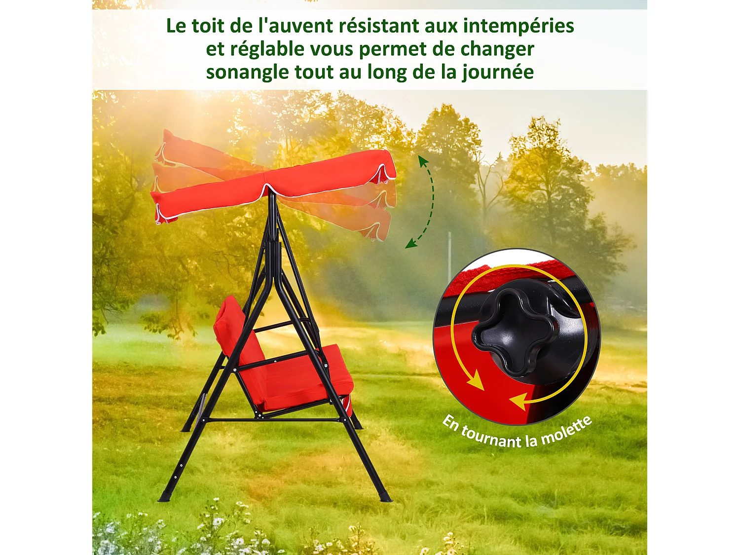Balancelle de jardin 3 places toit inclinaison réglable coussins assise et dossier 1,72L x 1,1l x 1,52H m acier noir polyester rouge