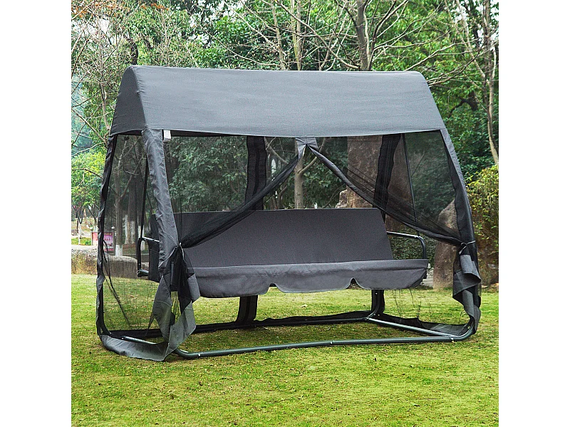 Balancelle de jardin convertible 3 places grand confort : matelas assise dossier, moustiquaire intégrale zippée avec toit,  pochette rangement métal époxy polyester