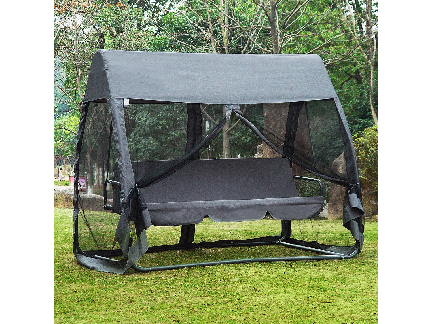 Balancelle de jardin convertible 3 places grand confort : matelas assise dossier, moustiquaire intégrale zippée avec toit,  pochette rangement métal époxy polyester