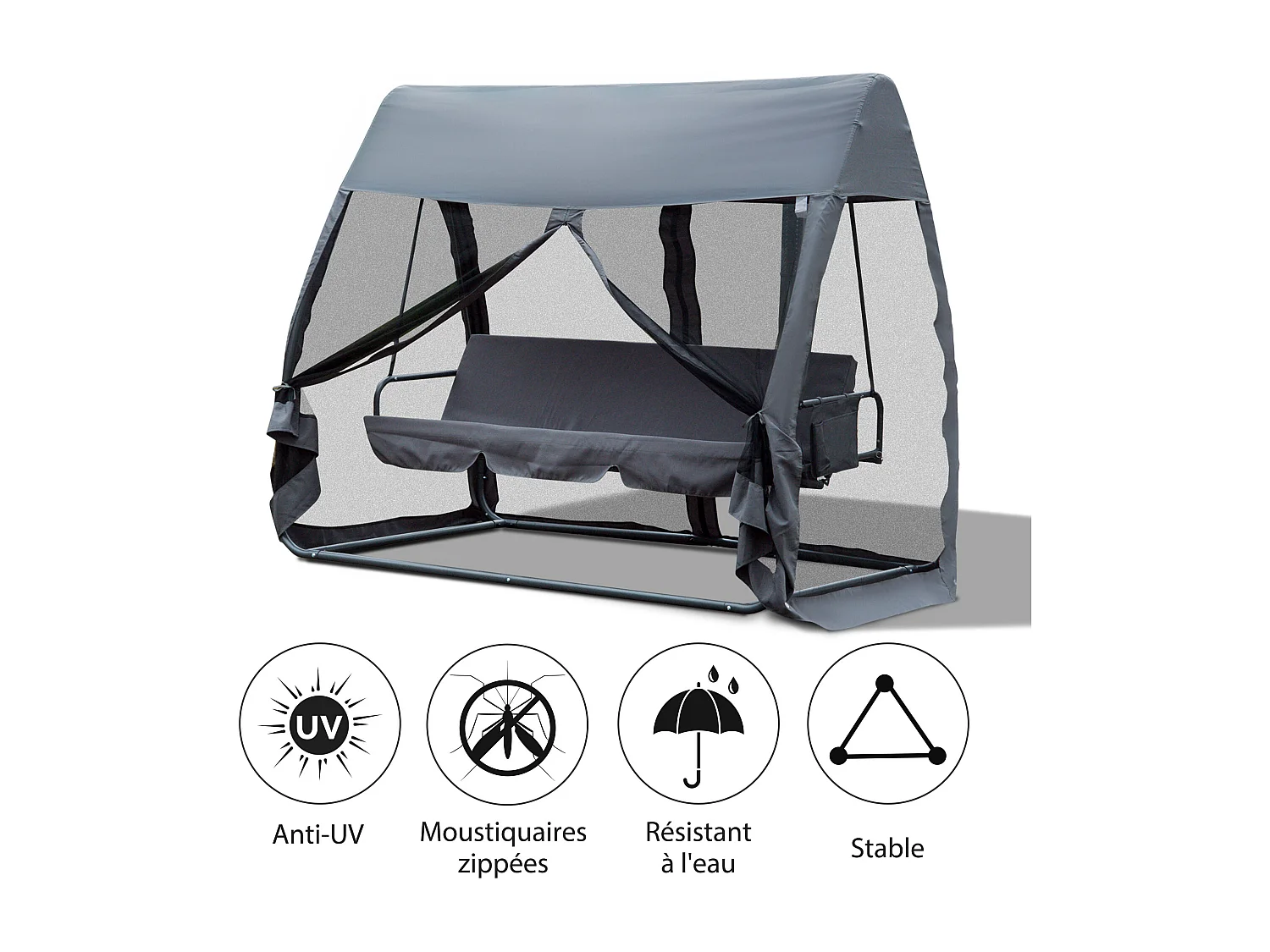 Balancelle de jardin convertible 3 places grand confort : matelas assise dossier, moustiquaire intégrale zippée avec toit,  pochette rangement métal époxy polyester