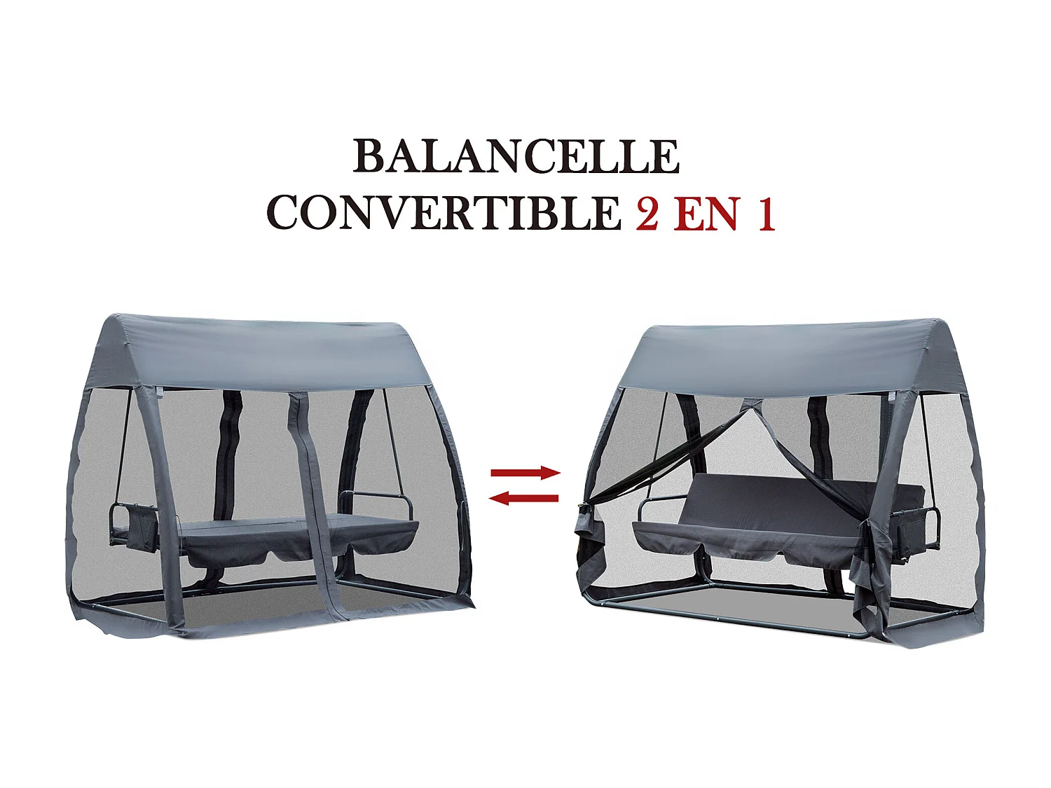 Balancelle de jardin convertible 3 places grand confort : matelas assise dossier, moustiquaire intégrale zippée avec toit,  pochette rangement métal époxy polyester