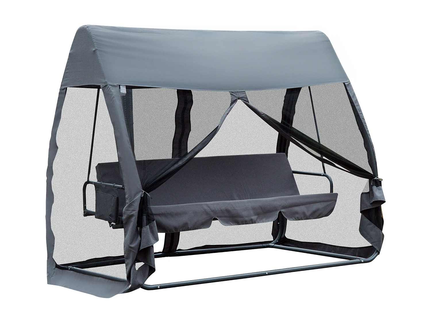 Balancelle de jardin convertible 3 places grand confort : matelas assise dossier, moustiquaire intégrale zippée avec toit,  pochette rangement métal époxy polyester