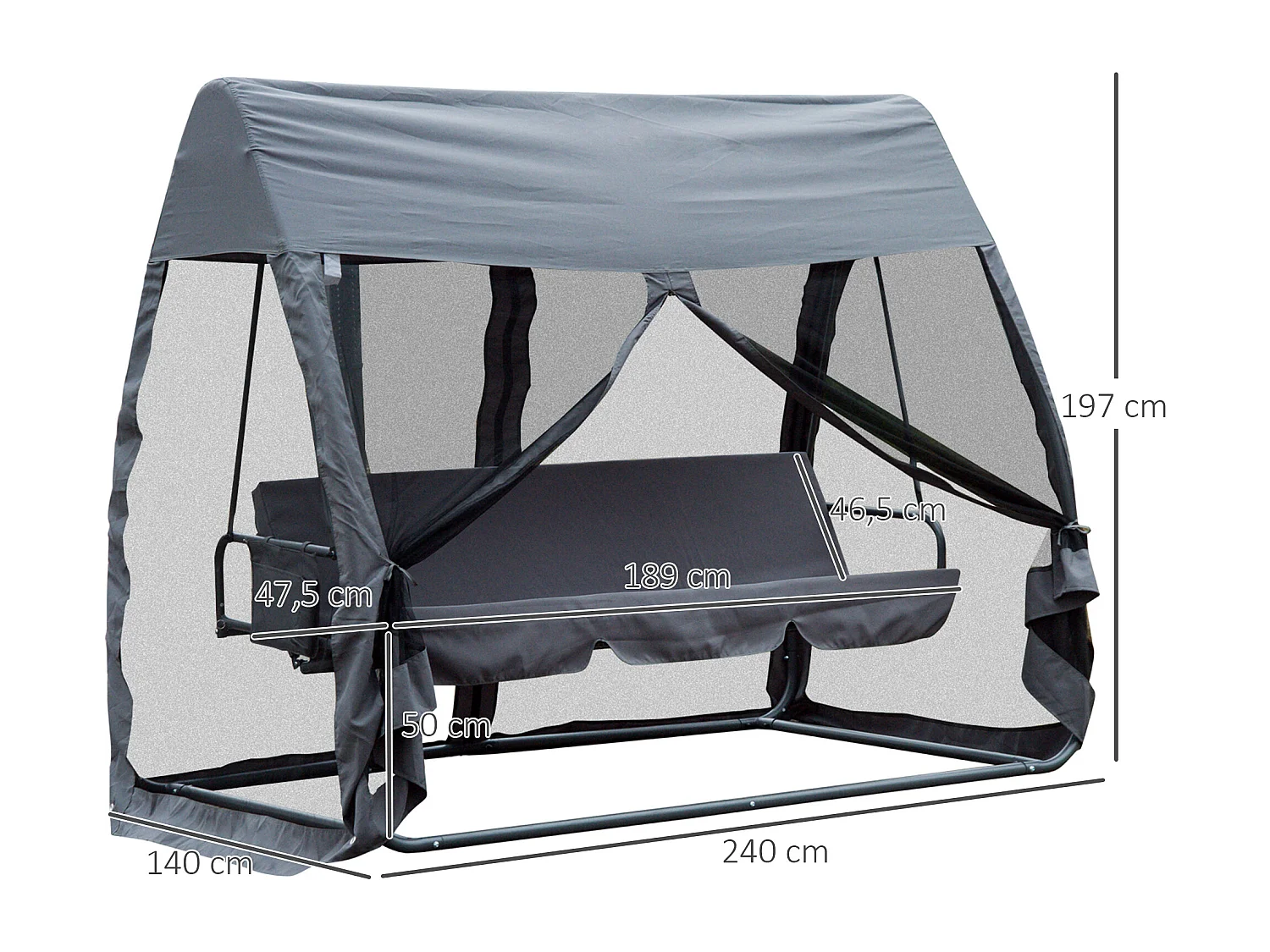 Balancelle de jardin convertible 3 places grand confort : matelas assise dossier, moustiquaire intégrale zippée avec toit,  pochette rangement métal époxy polyester