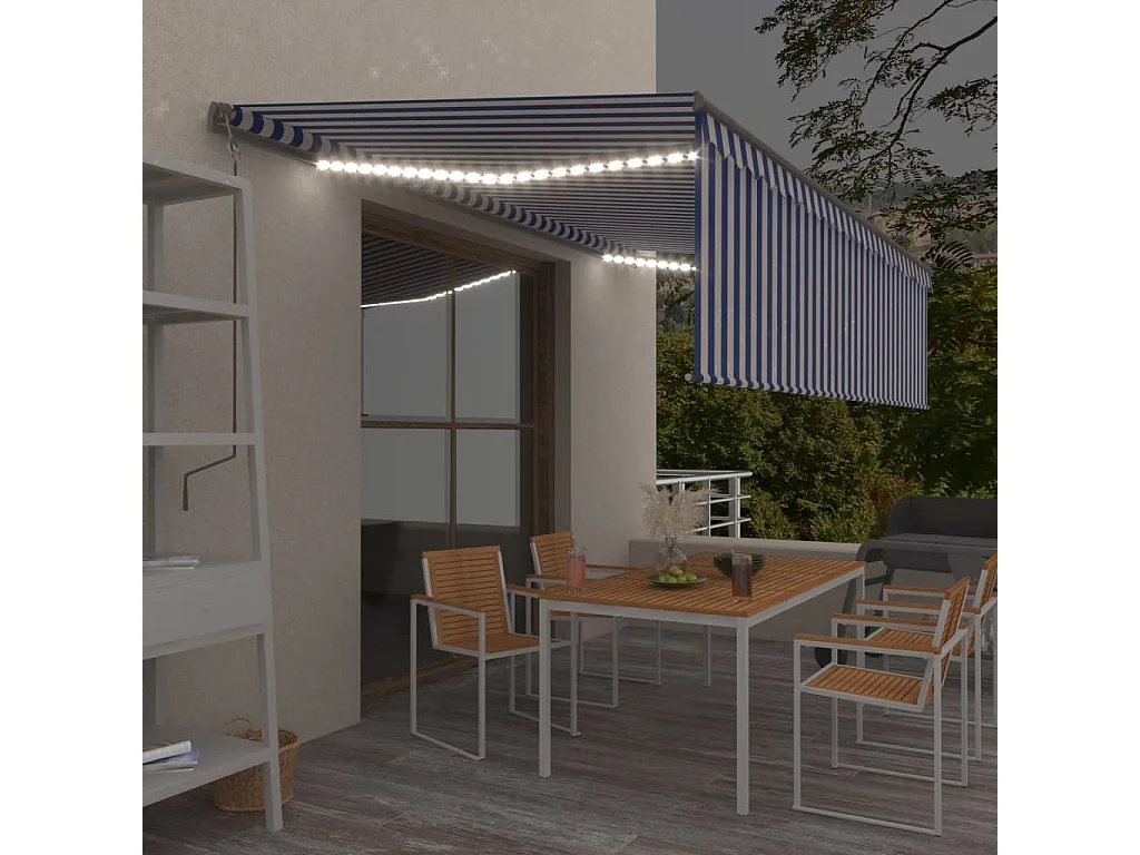 Tenda Automatica Parasole LED Sensore Vento 5x3 m Blu Bianco FECD790635