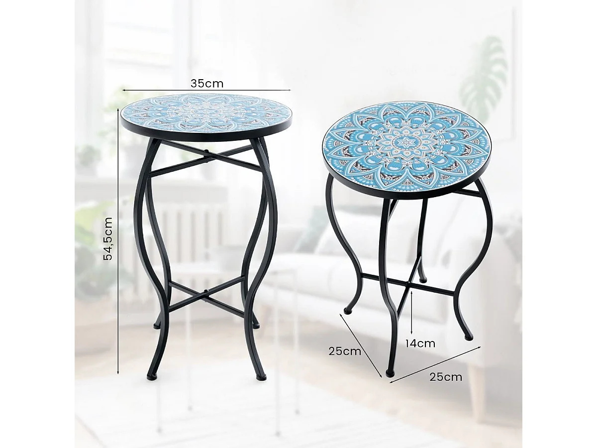 Beistelltisch Mosaiktisch Rund Mosaik Gartentisch Bistrotisch 35 x 55 cm Blau und Schwarz