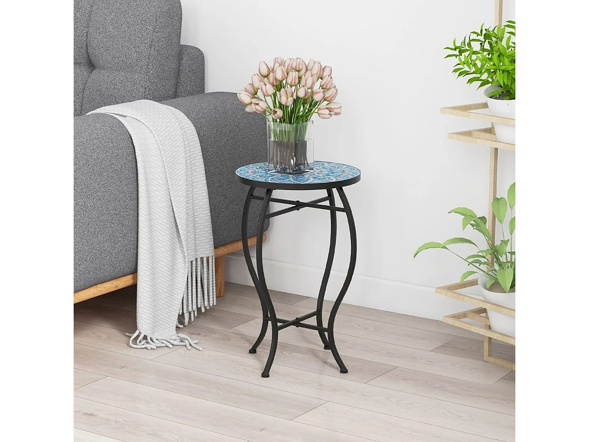 Beistelltisch Mosaiktisch Rund Mosaik Gartentisch Bistrotisch 35 x 55 cm Blau und Schwarz