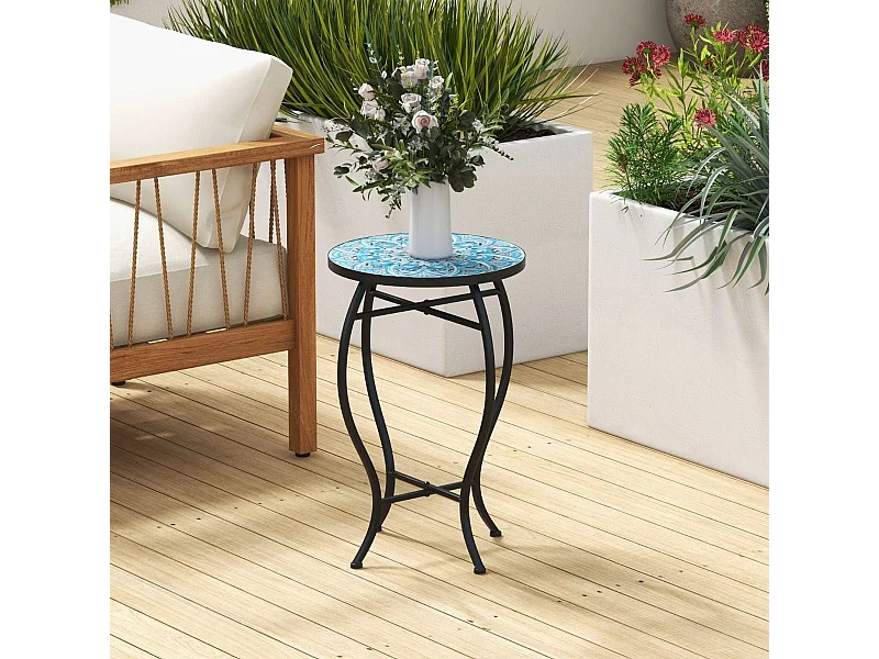 Beistelltisch Mosaiktisch Rund Mosaik Gartentisch Bistrotisch 35 x 55 cm Blau und Schwarz