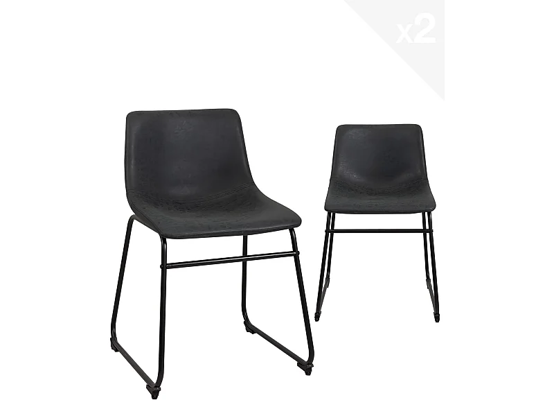 Lot 2 chaises industrielles siège simili cuir effet vintage pieds métal HELIO 47 (noir gris)