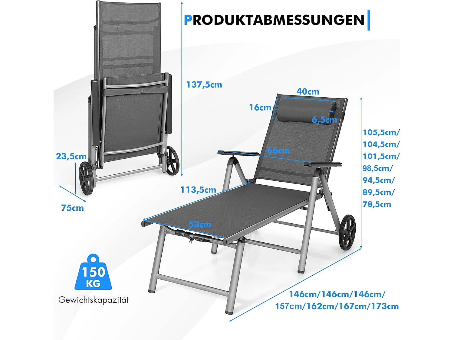 klappbarer Sonnenliege mit Rollen