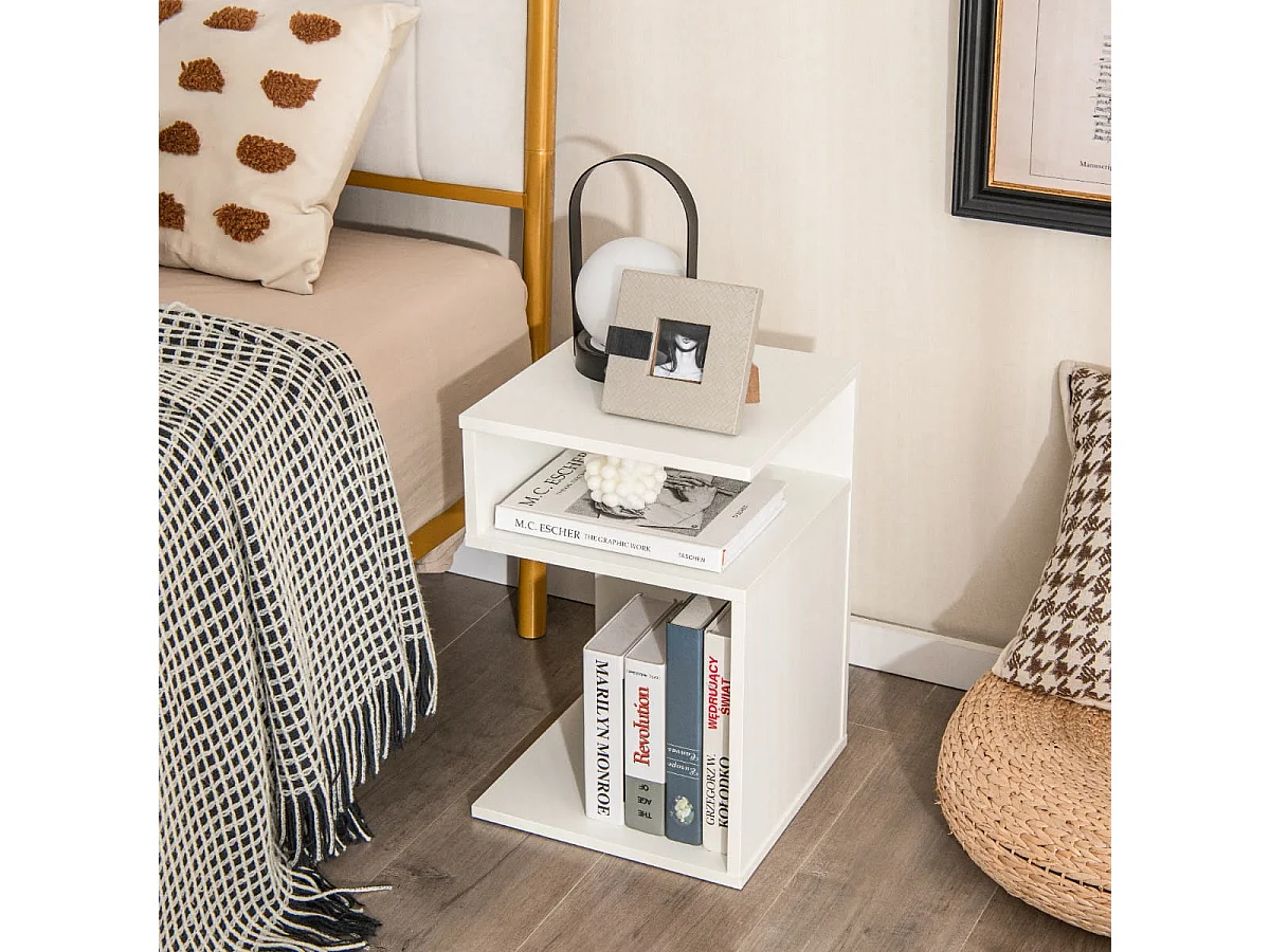 S-förmiger Beistelltisch mit 2 Offenen Fächern Moderner Nachttisch 33 x 33 x 50 cm Weiß