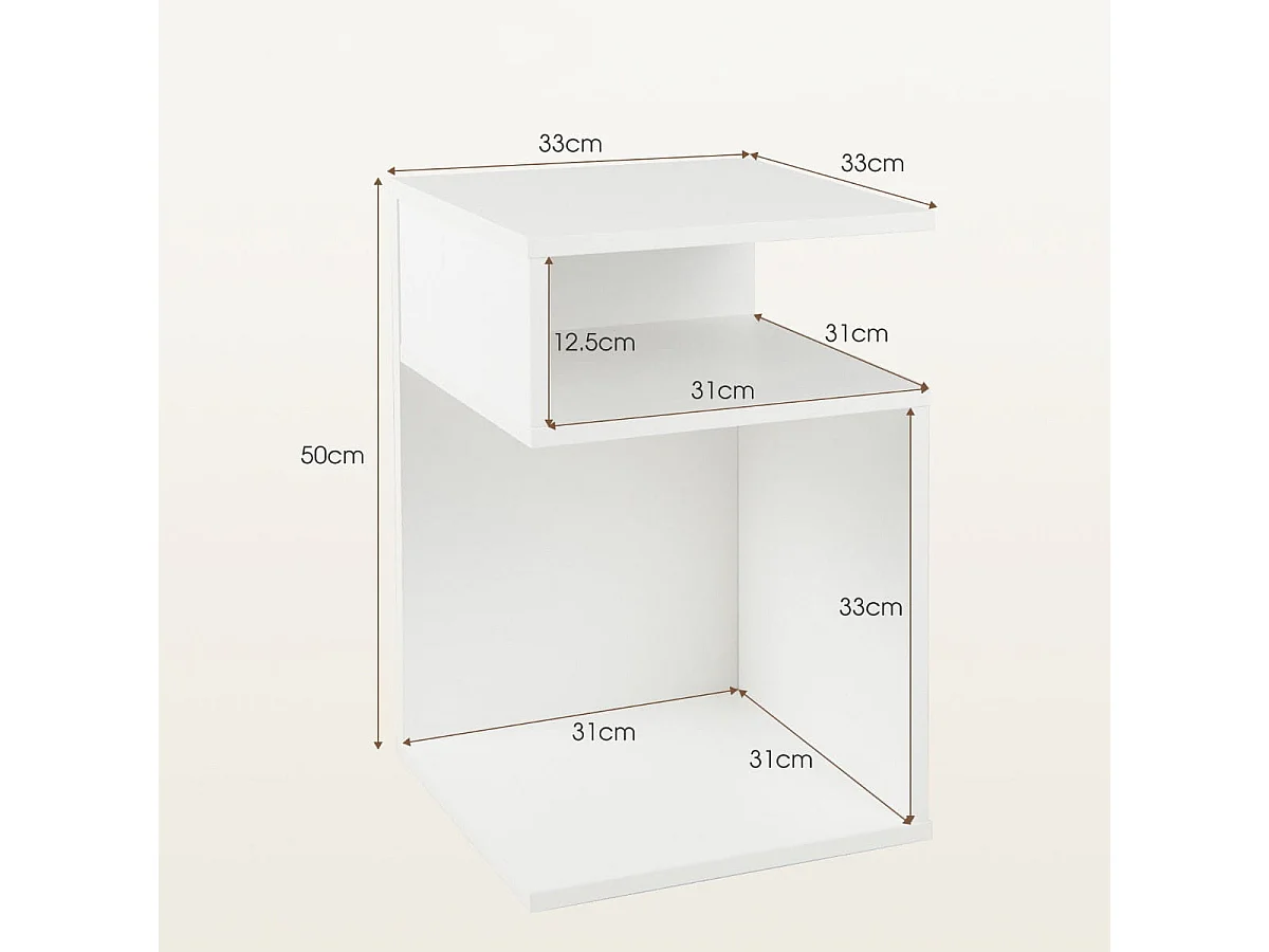 S-förmiger Beistelltisch mit 2 Offenen Fächern Moderner Nachttisch 33 x 33 x 50 cm Weiß