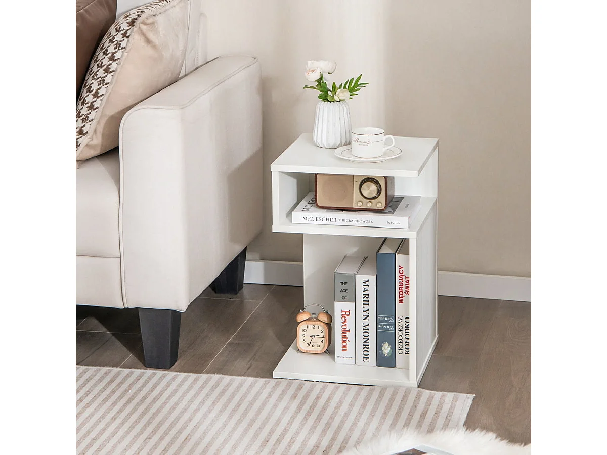 S-förmiger Beistelltisch mit 2 Offenen Fächern Moderner Nachttisch 33 x 33 x 50 cm Weiß