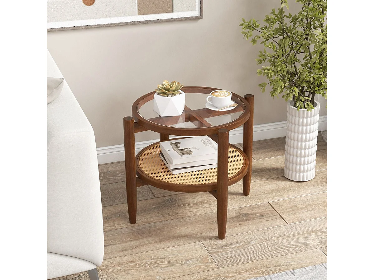2-stufiger runder Beistelltisch PE Rattan Couchtisch mit gehärteter Glasplatte Braun