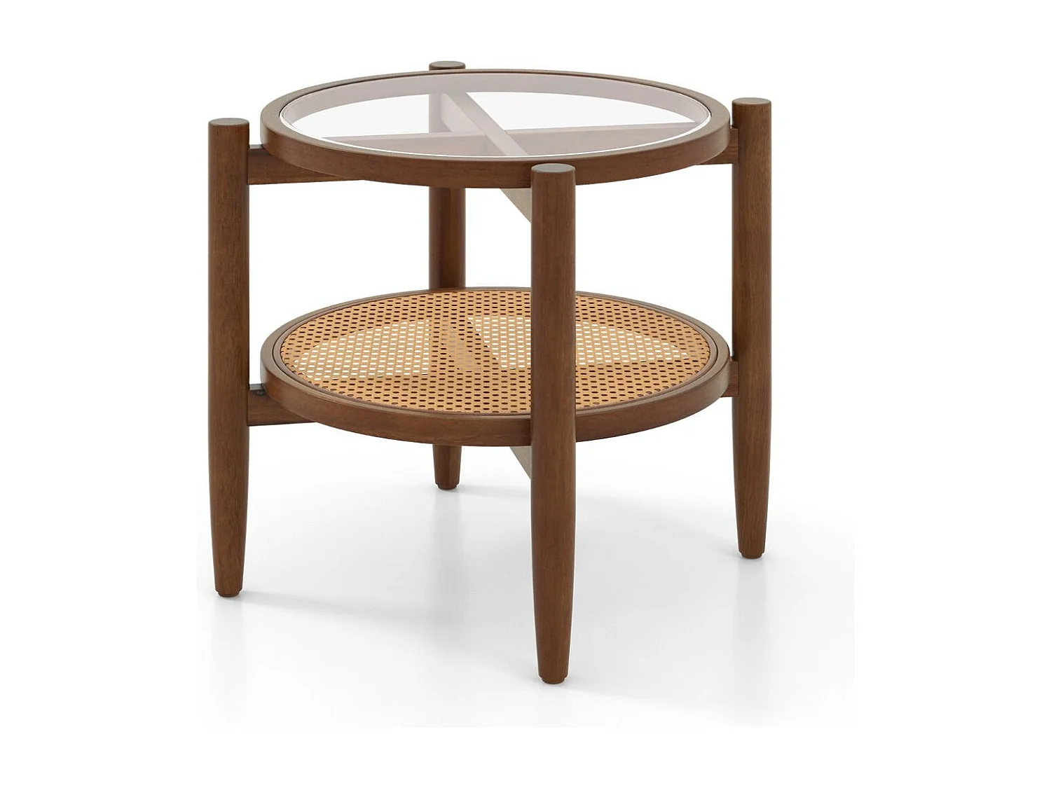 Table d'Appoint Ronde en Bois Bout de Canape avec Plateau en Verre Trempé Design Cannage en Rotin PE Petite Table Basse Salon 56 x 56 x 46 cm