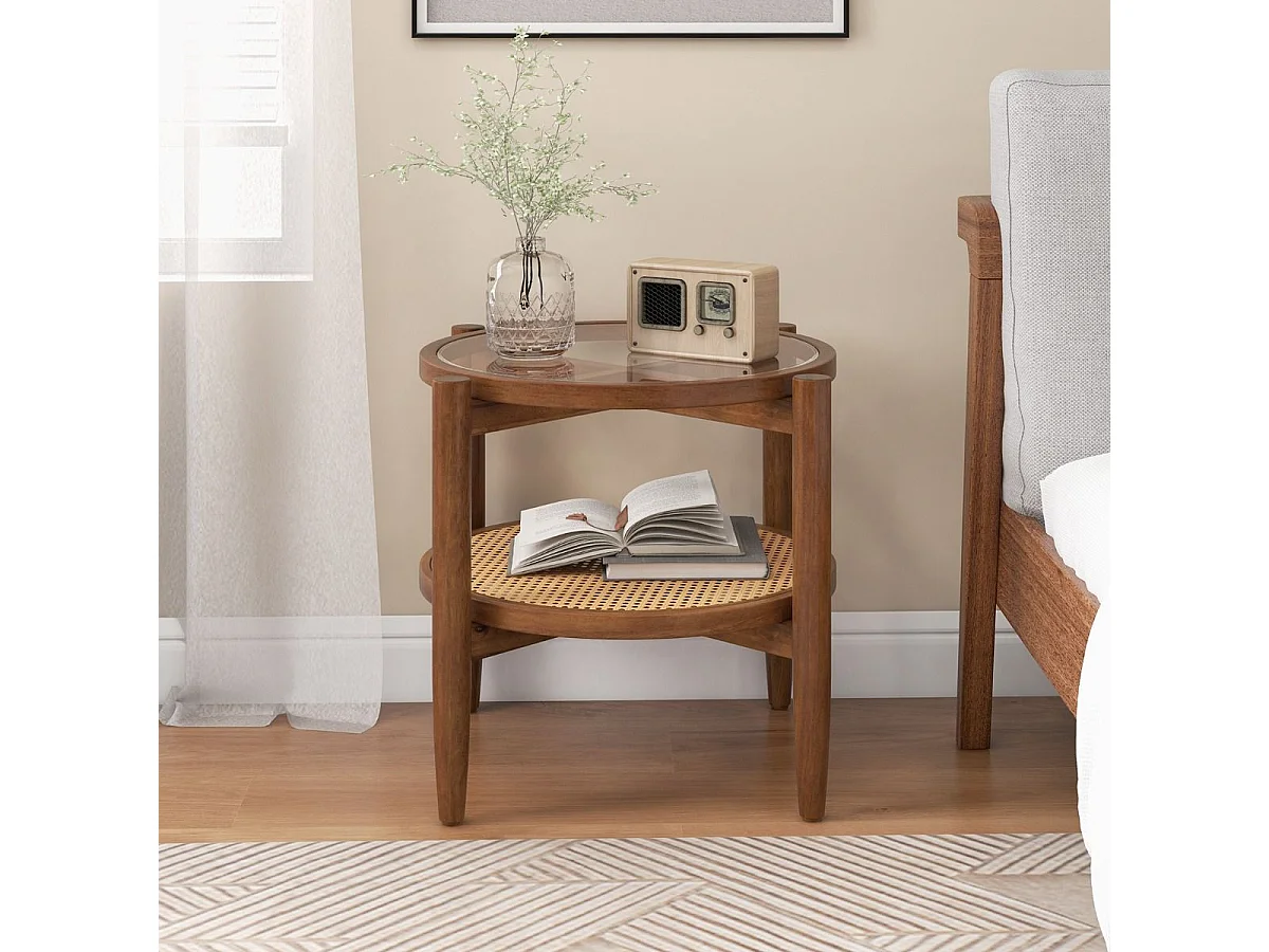 Table d'Appoint Ronde en Bois Bout de Canape avec Plateau en Verre Trempé Design Cannage en Rotin PE Petite Table Basse Salon 56 x 56 x 46 cm