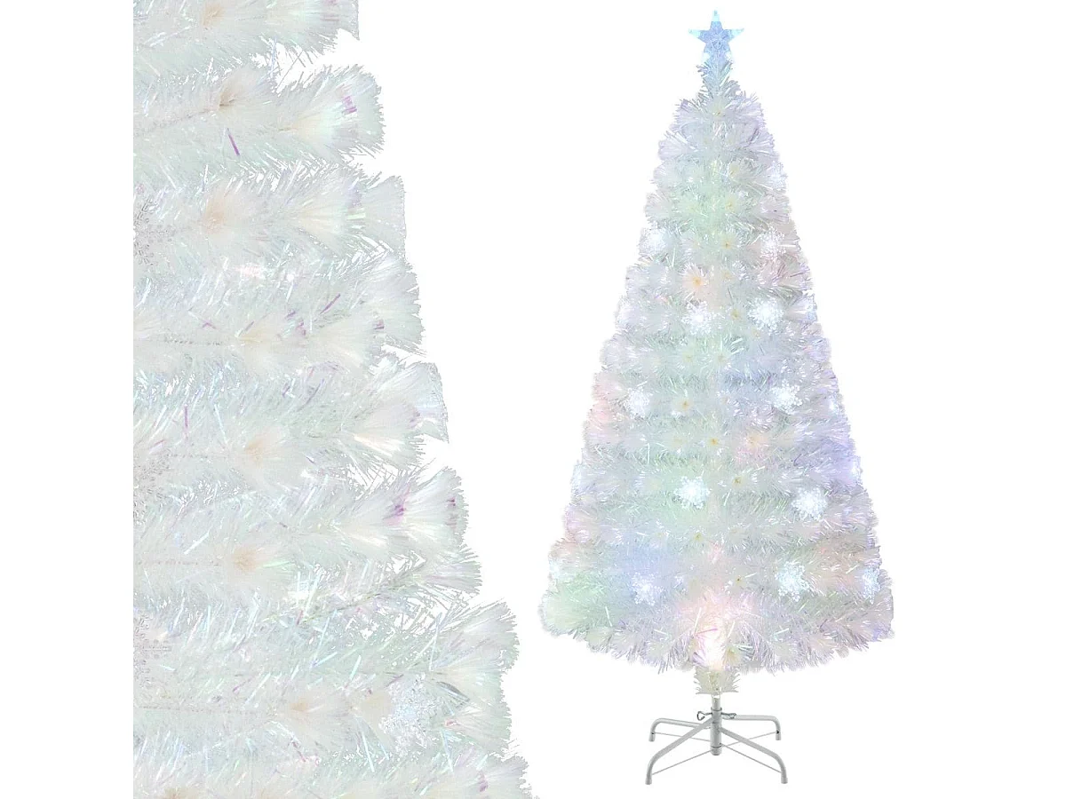 Albero di Natale artificiale in fibra ottica preilluminato da 150 cm, bianco con foglie iridescenti e luci a led multicolori a fiocco di neve