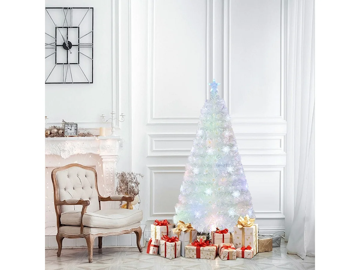 Albero di Natale artificiale in fibra ottica preilluminato da 150 cm, bianco con foglie iridescenti e luci a led multicolori a fiocco di neve