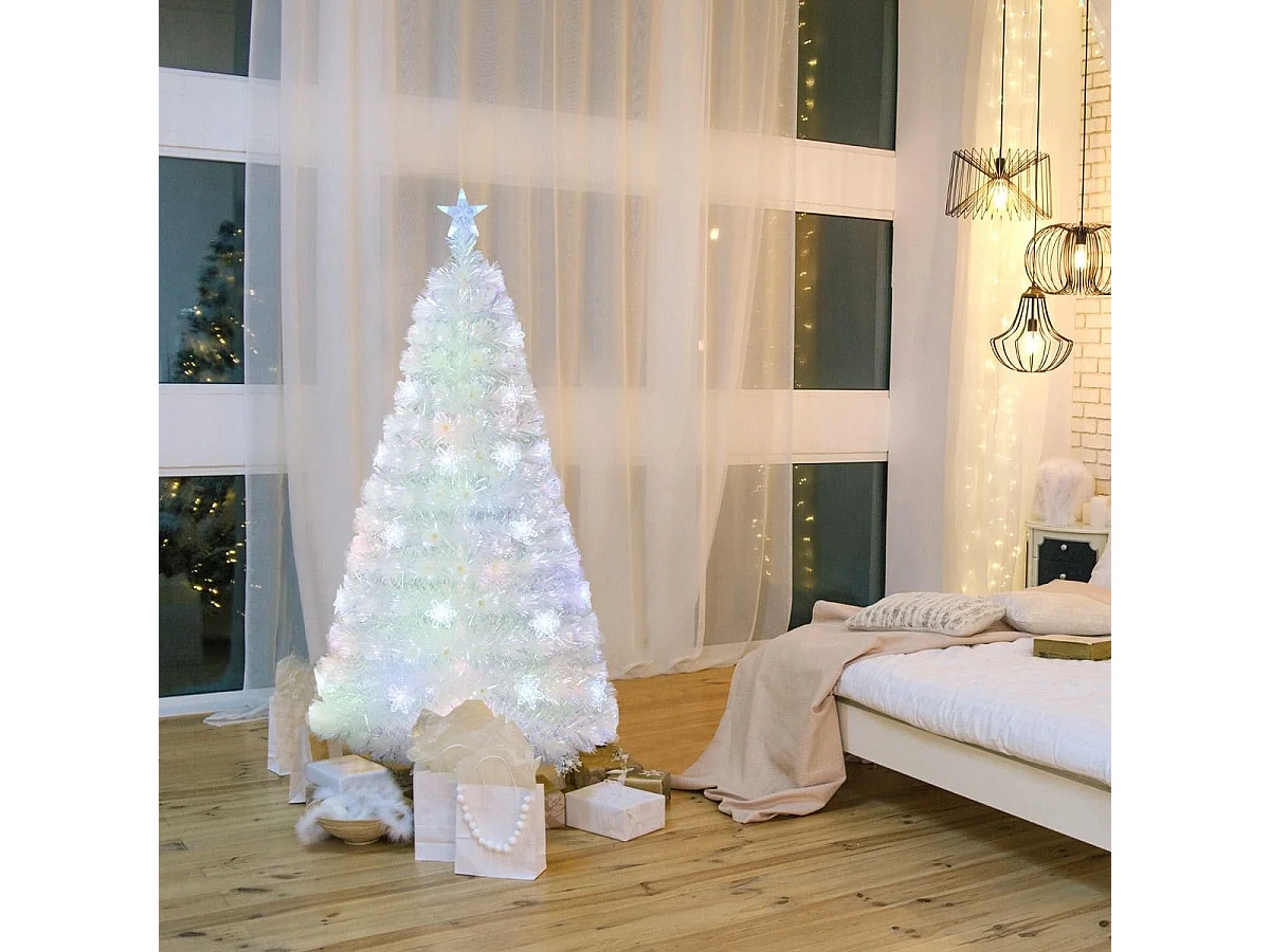 Albero di Natale artificiale in fibra ottica preilluminato da 150 cm, bianco con foglie iridescenti e luci a led multicolori a fiocco di neve