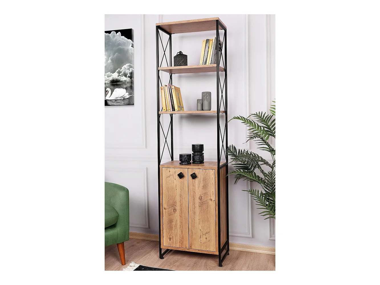 Bibliothèque style industriel Nicol L49cm Bois clair et Métal Noir