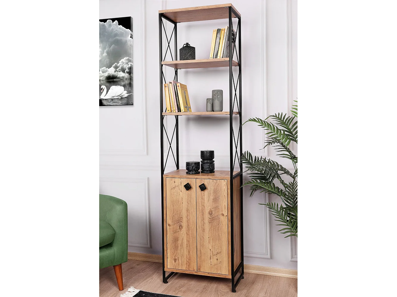 Bibliothèque style industriel Nicol L49cm Bois clair et Métal Noir