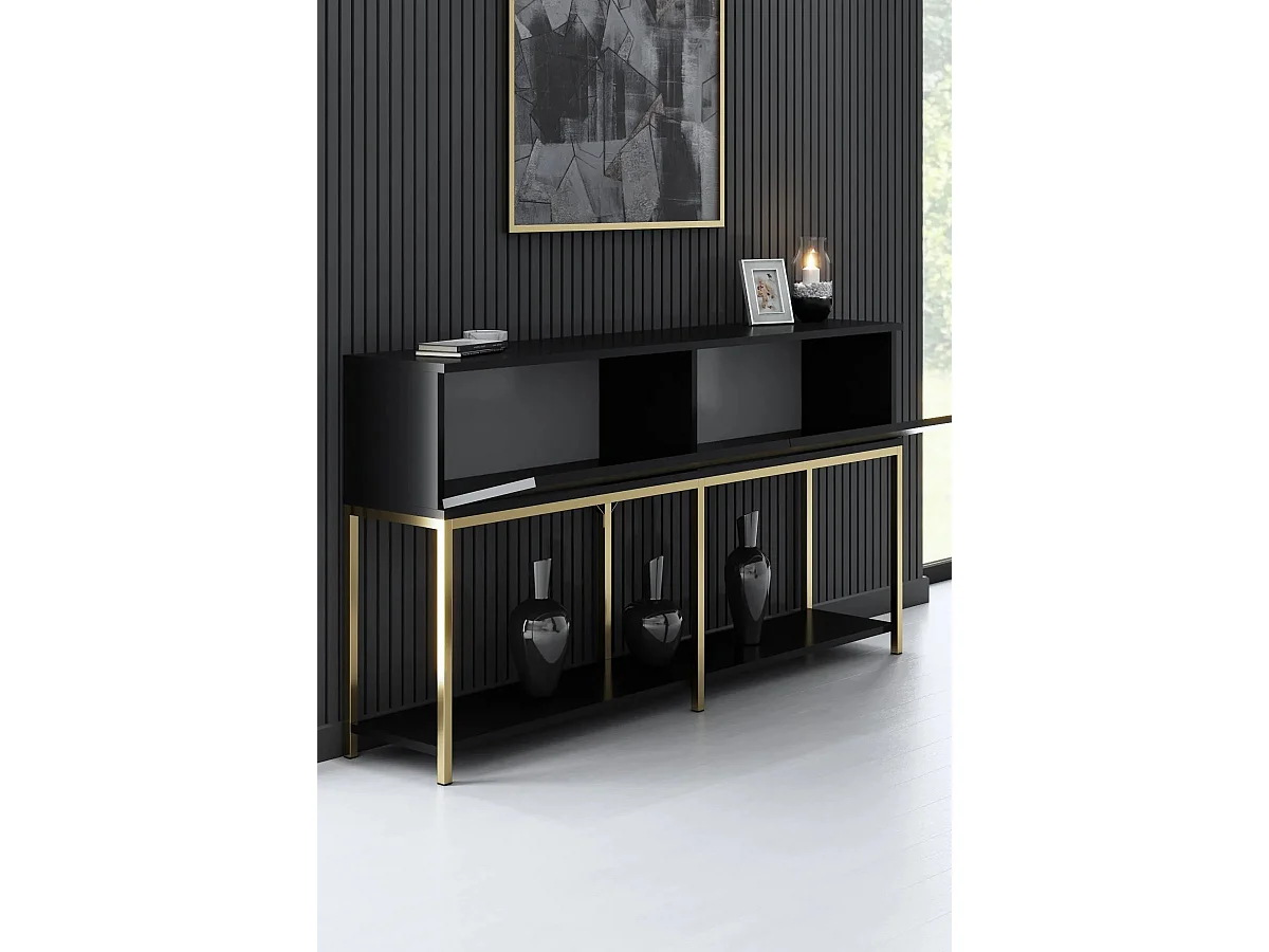 Console style contemporain Nelly L150cm Bois Noir et Métal Or