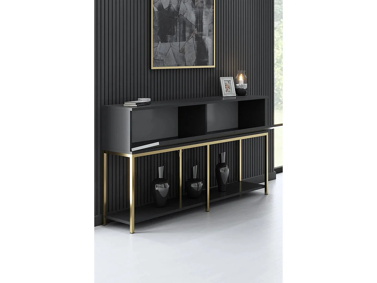 Console style contemporain Nelly L150cm Bois Anthracite et Métal Or