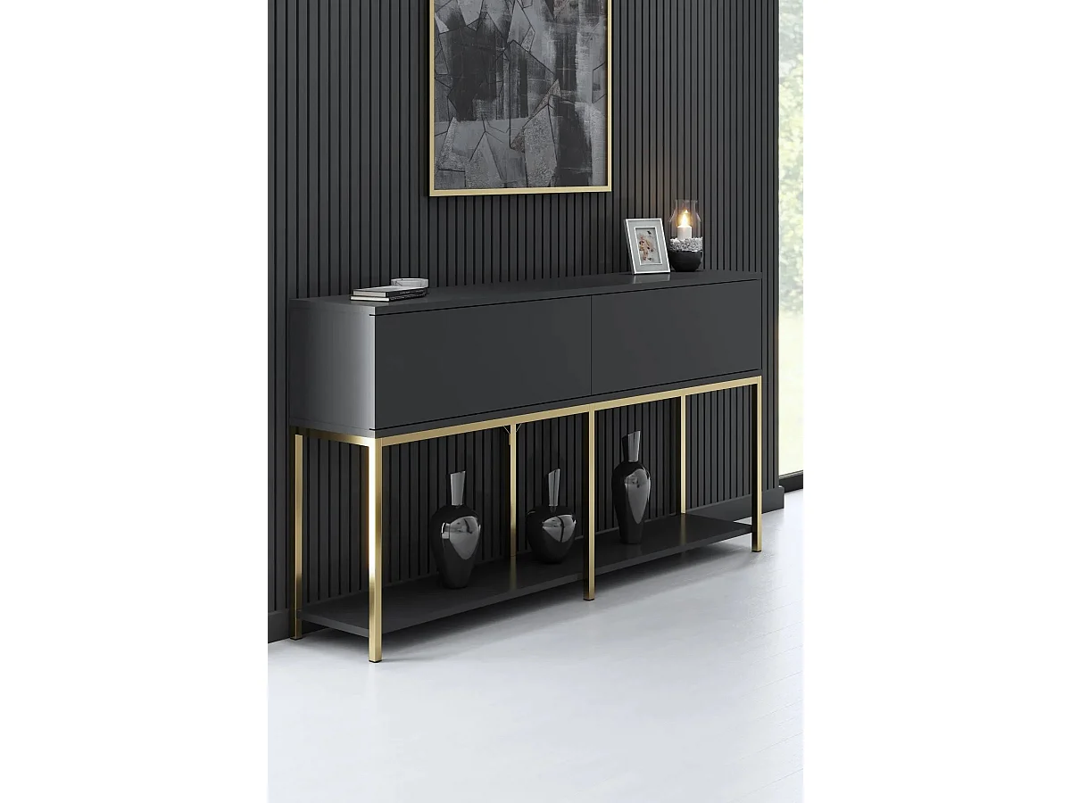 Console style contemporain Nelly L150cm Bois Anthracite et Métal Or