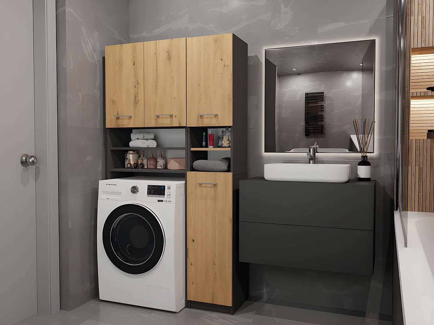 MAROL - Ensemble salle de bain style moderne - 96x30x183 - 4 portes+4 tablettes