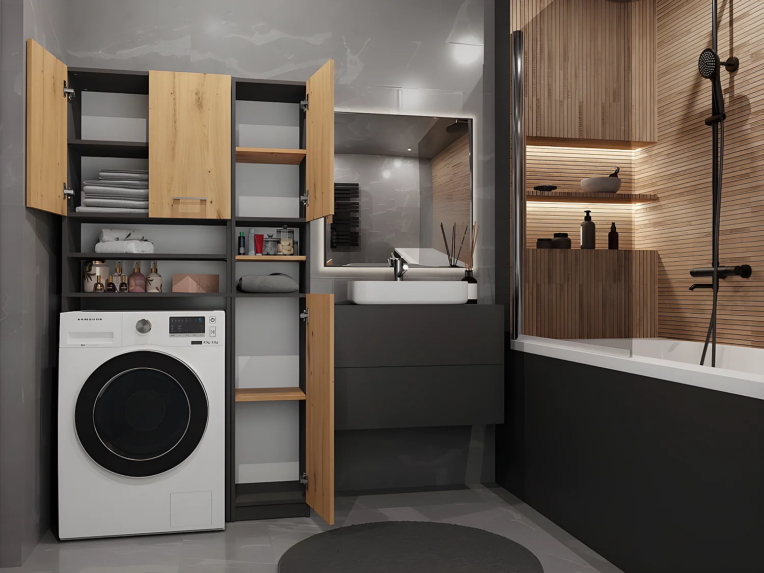 MAROL - Ensemble salle de bain style moderne - 96x30x183 - 4 portes+4 tablettes