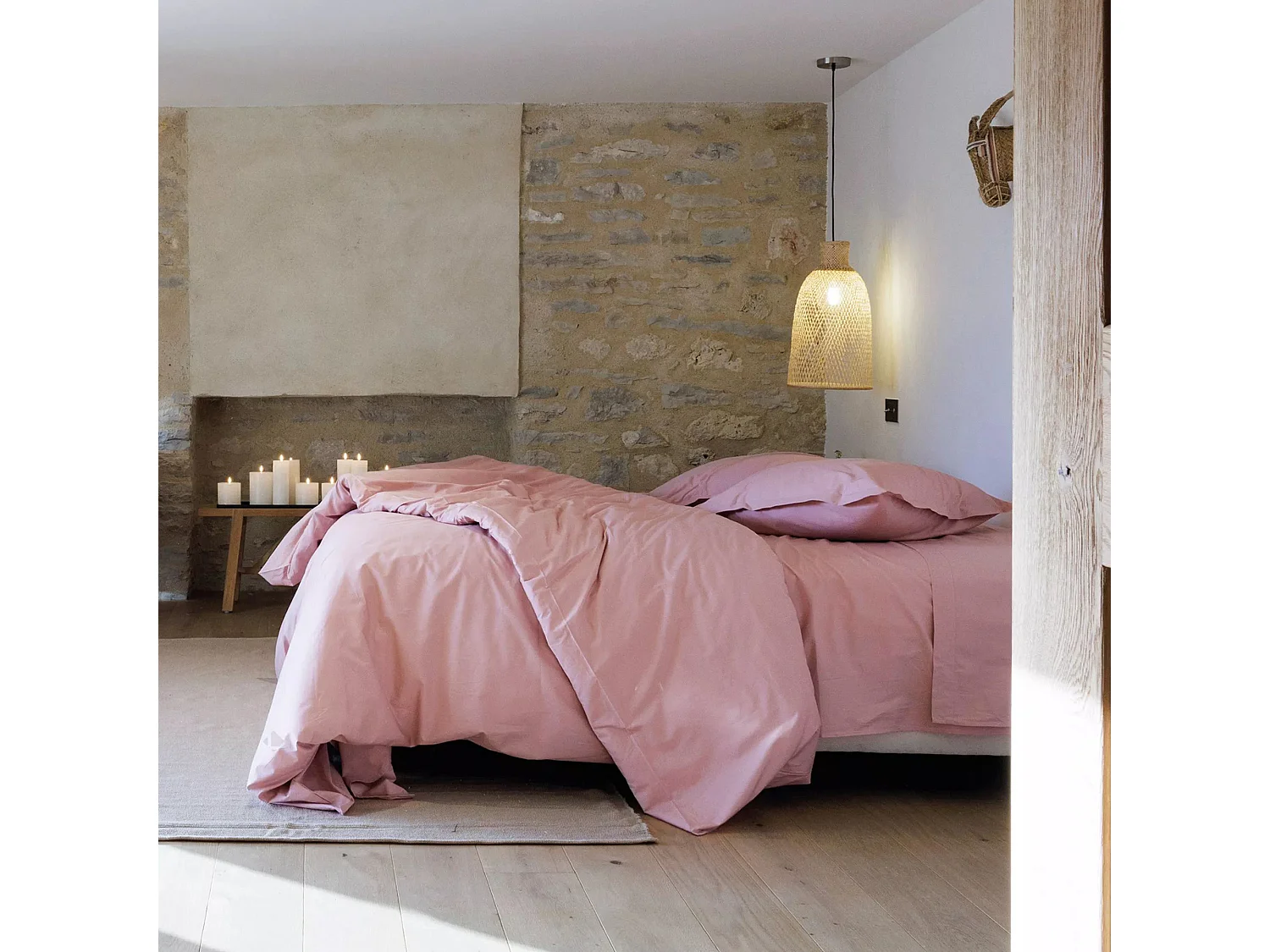 Drap housse uni 180x200 cm bonnet 35 cm percale de coton MANOIR Rose