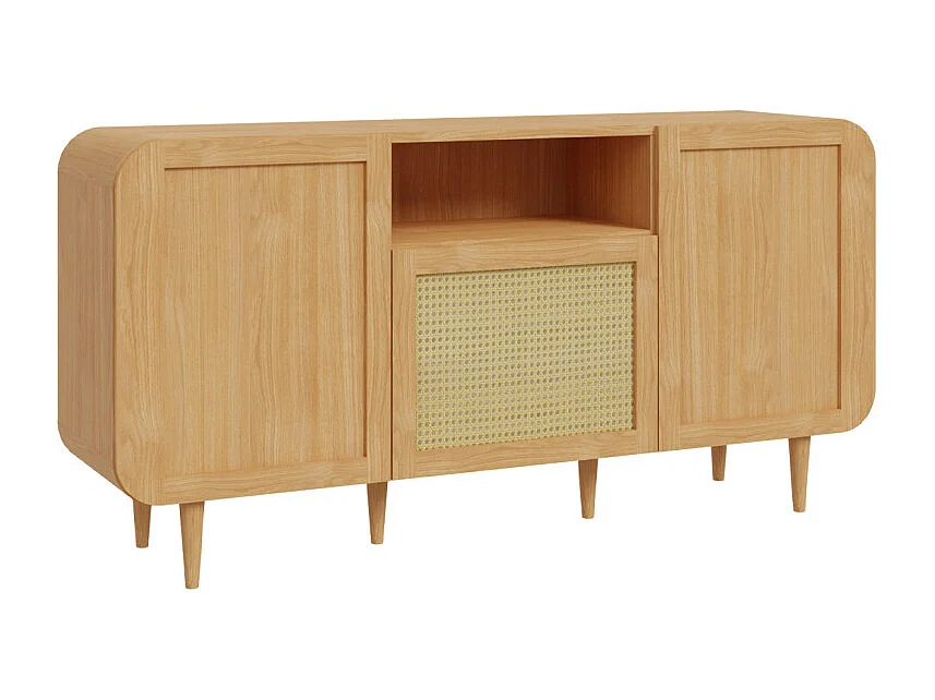Buffet L. 160 cm décor chêne cannage rotin et pieds en bois - VIVIAN
