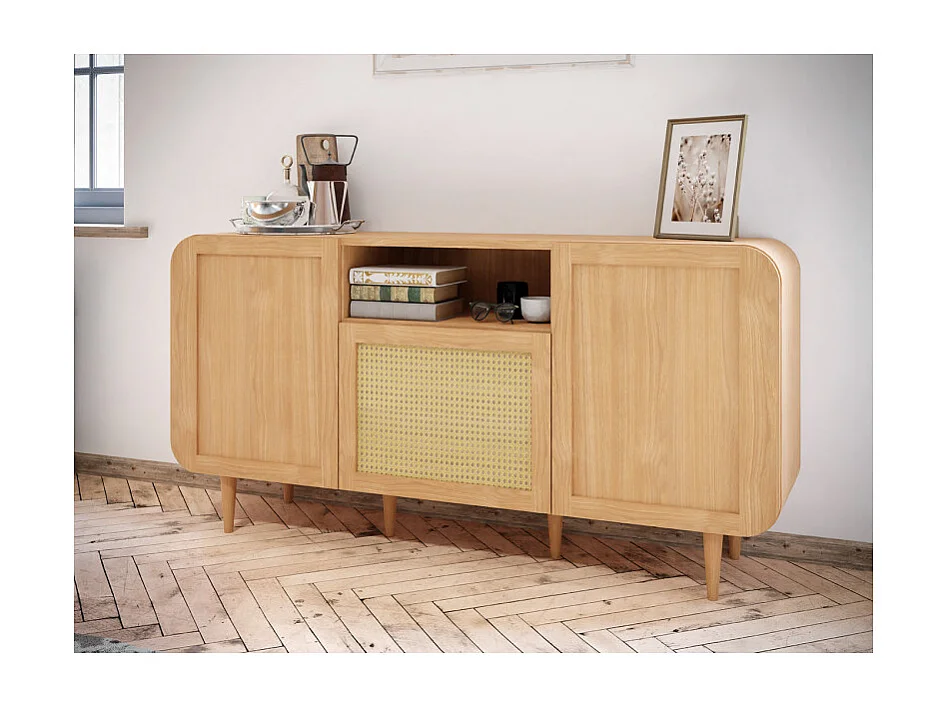 Buffet L. 160 cm décor chêne cannage rotin et pieds en bois - VIVIAN