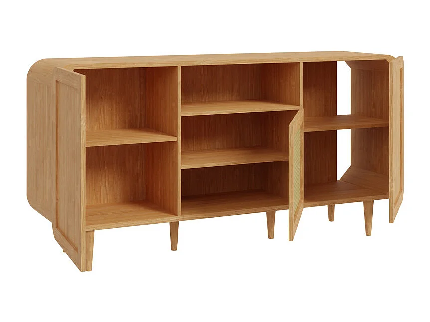 Buffet L. 160 cm décor chêne cannage rotin et pieds en bois - VIVIAN