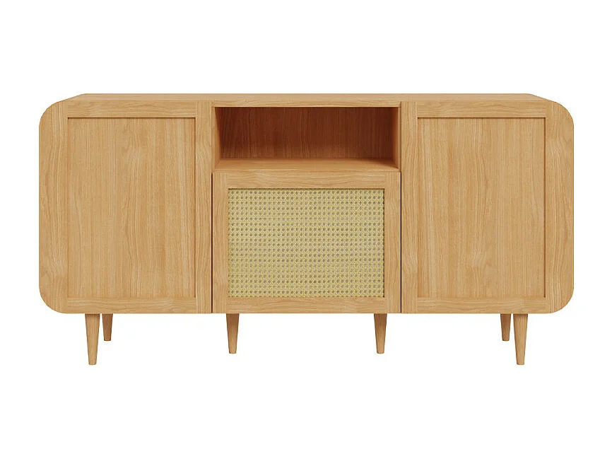 Buffet L. 160 cm décor chêne cannage rotin et pieds en bois - VIVIAN
