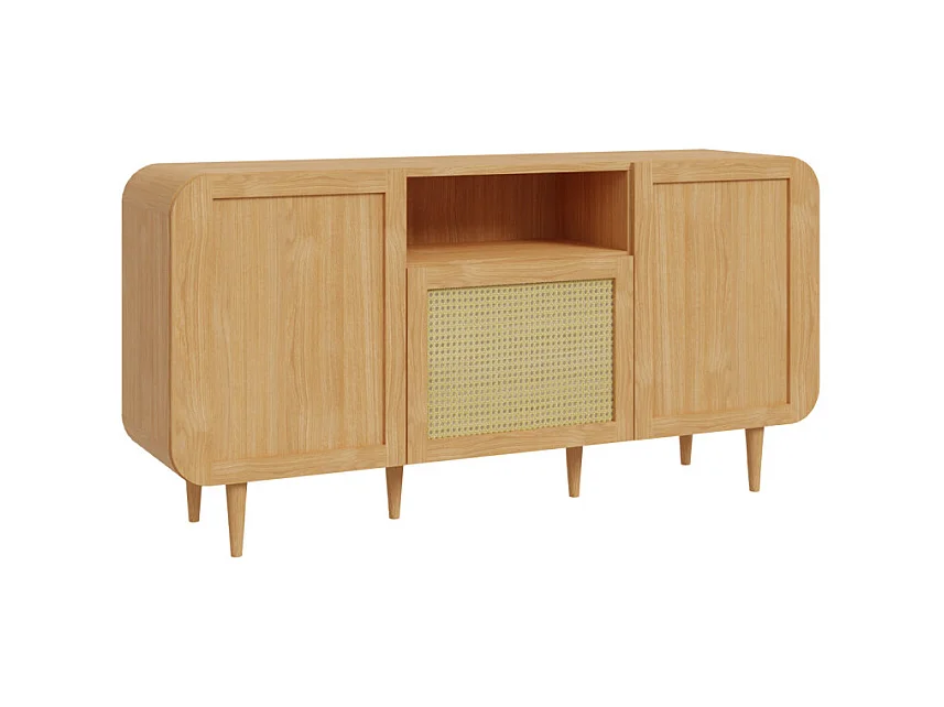 Buffet L. 160 cm décor chêne cannage rotin et pieds en bois - VIVIAN