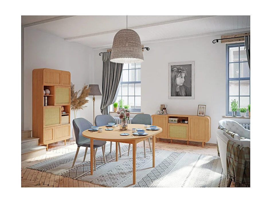 Buffet L. 160 cm décor chêne cannage rotin et pieds en bois - VIVIAN