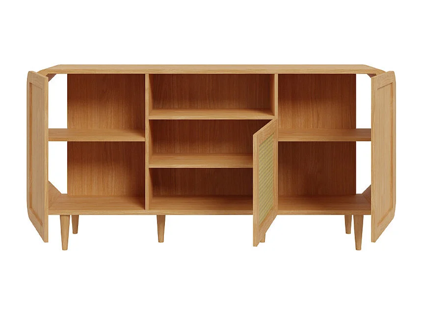 Buffet L. 160 cm décor chêne cannage rotin et pieds en bois - VIVIAN