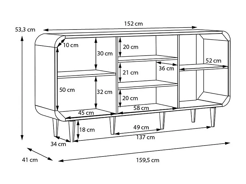 Buffet L. 160 cm décor chêne cannage rotin et pieds en bois - VIVIAN