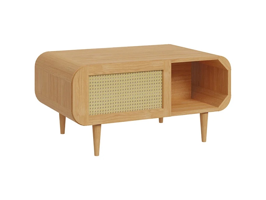 Table basse L. 100 cm décor chêne cannage rotin pieds en bois - VIVIAN