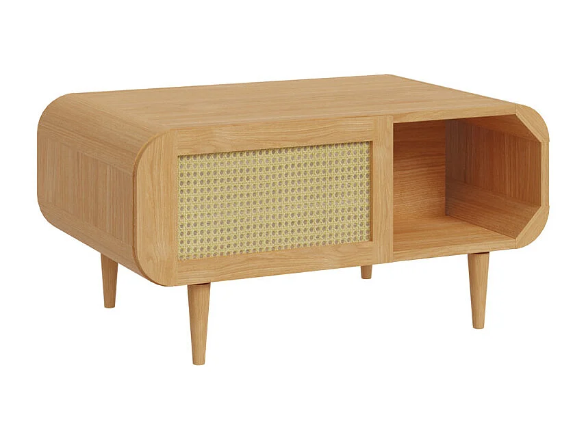 Table basse L. 100 cm décor chêne cannage rotin pieds en bois - VIVIAN