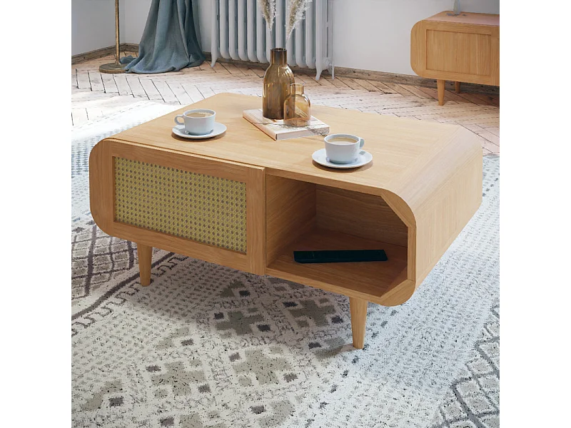 Table basse L. 100 cm décor chêne cannage rotin pieds en bois - VIVIAN