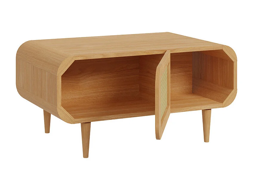 Table basse L. 100 cm décor chêne cannage rotin pieds en bois - VIVIAN