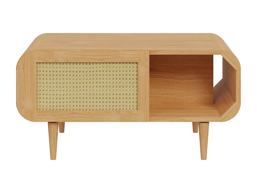 Table basse L. 100 cm décor chêne cannage rotin pieds en bois - VIVIAN